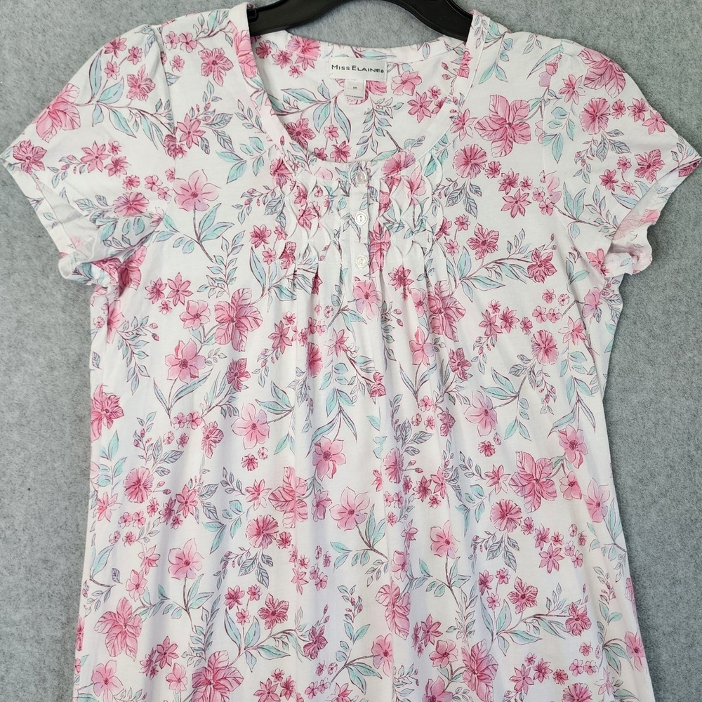 Miss‎ Elaine Nightgown Womens Medium Pink Floral Short Sleeve Pintuck Sleepwear
